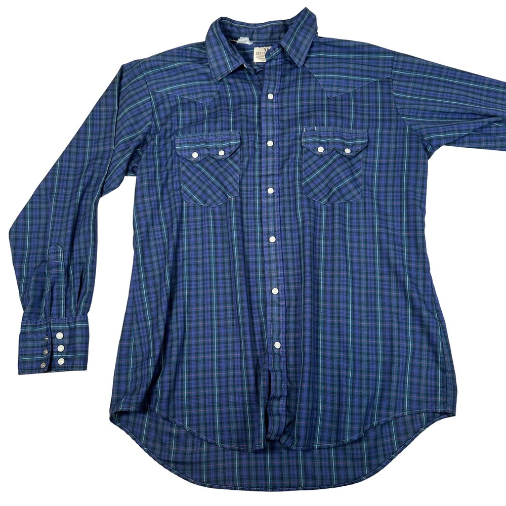 Vintage Dee Cee Brand Mens Blue Plaid Pearl Snap Western Shirt Made in USA‎ L